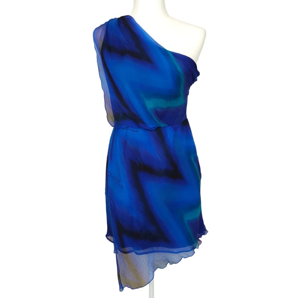 Rory Beca 100% Silk One Shoulder Mini Dress S Blue Abstract